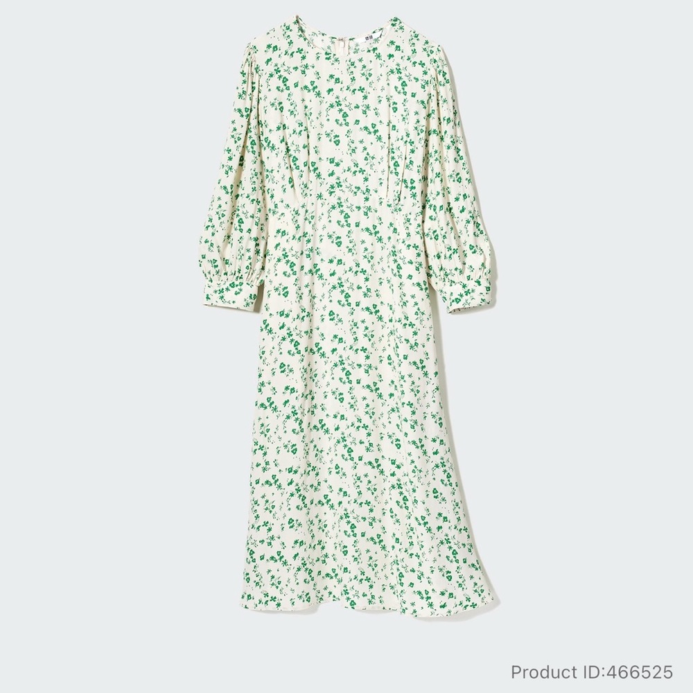 Uniqlo Cream and Green Floral Long Sleeve Dress
